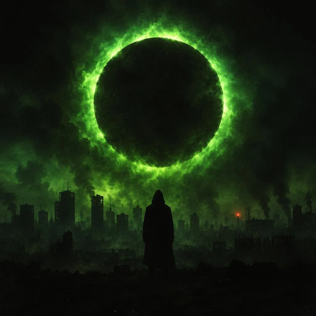 Hooded silhouette before a black eclipse with a green ring over a dystopian city