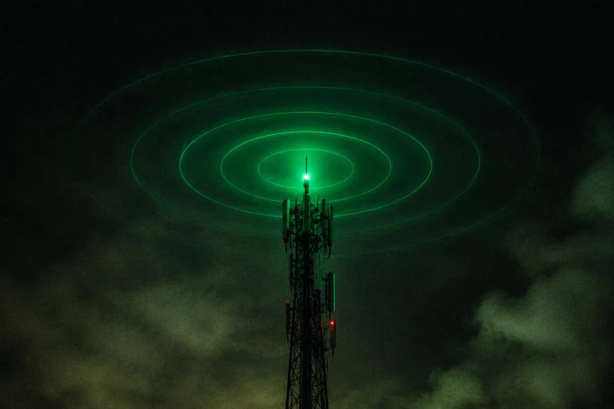 Antenna tower emitting green signal rings