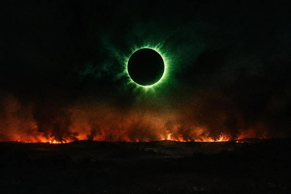 Black sun eclipse with a green corona over a burning horizon