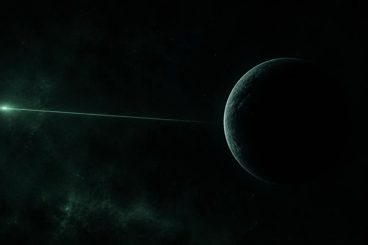 Distant planet in deep space with a thin green beam