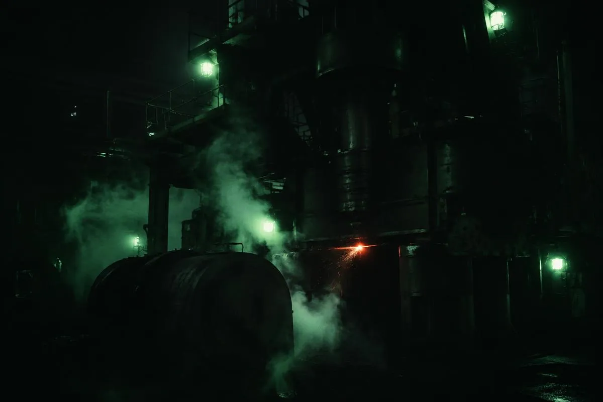 Dark industrial machinery with steam and green lights