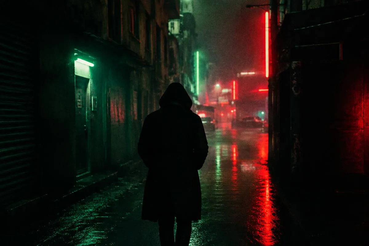 Hooded figure in a rainy neon alley