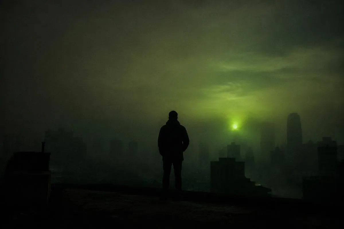 Figure on a rooftop facing a green dawn through smog